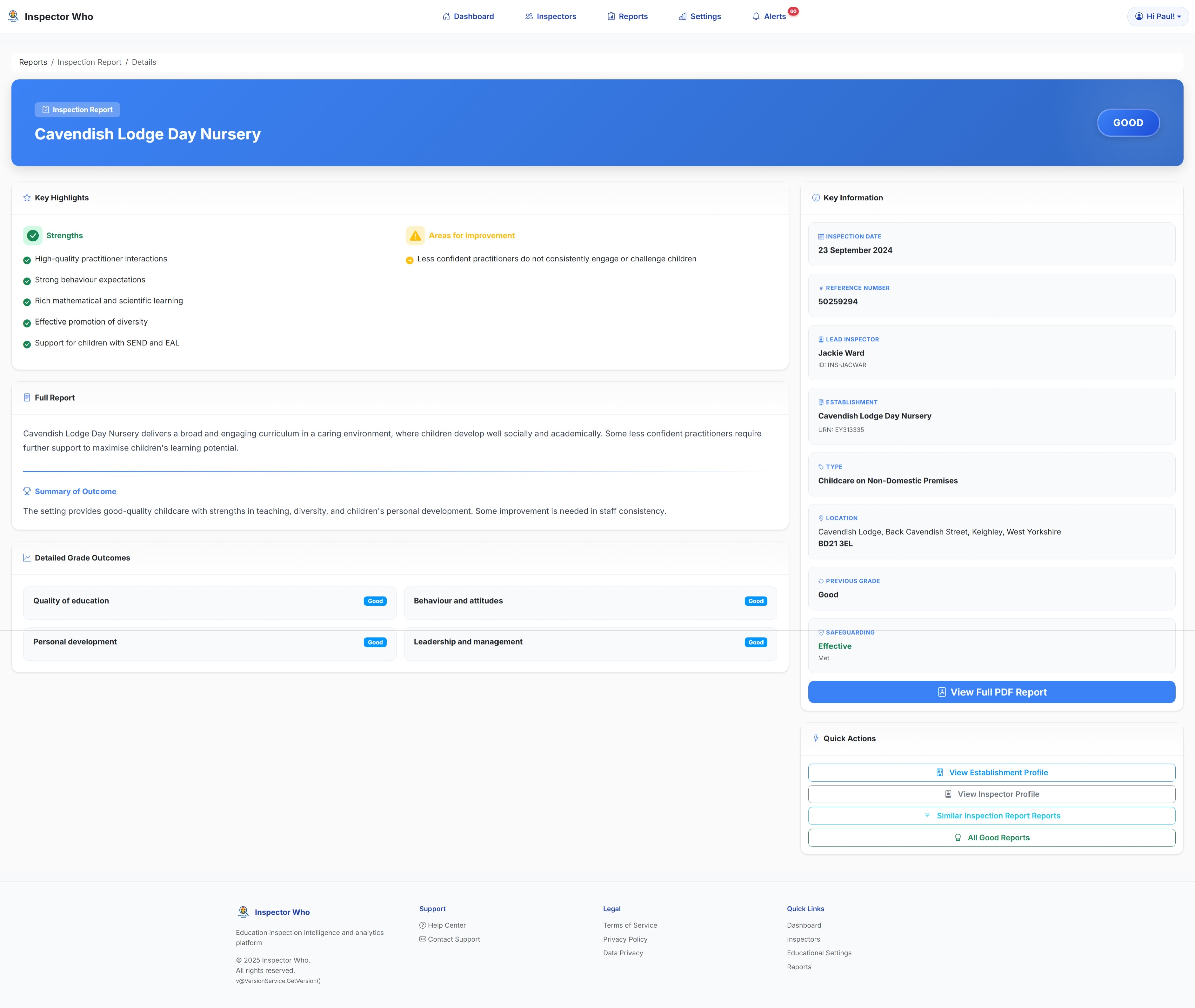 Detailed inspection report for Cavendish Lodge Day Nursery